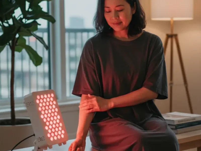 Woman using a Red Dot red light therapy panel at home in a warm living room